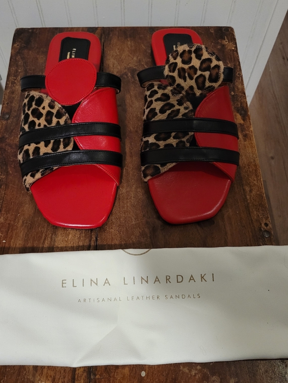 Elina Linardaki Lucia Red Leather Leopard Calf Hair Slide Sandals EU 40 US 9